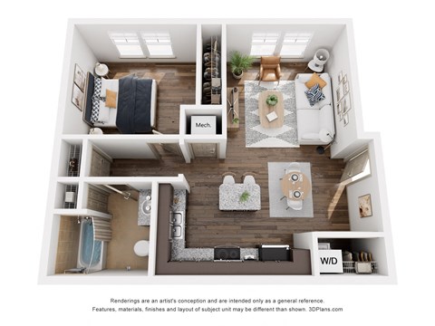 Floor plan for 1 bed, 1 bath, 674 sqft
